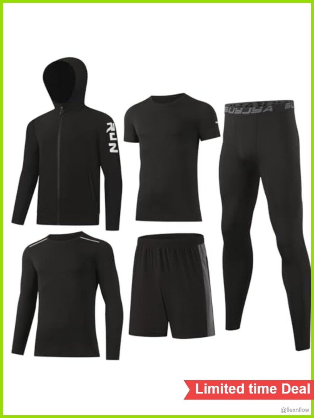 Men's 5-Piece Workout Set Nylon Spandex Gym Activewear Top & Bottom